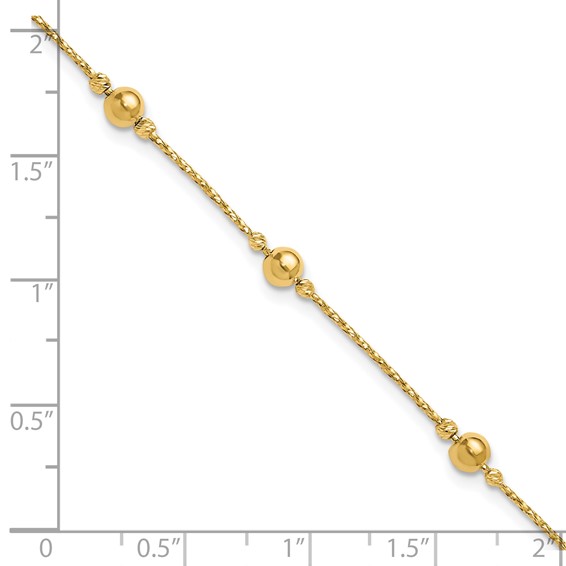 Leslie's 14K Polished/Textured/Dia-cut Beads w/1in ext. Bracelet