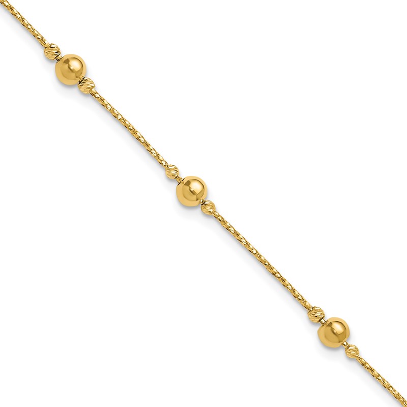 14K Polished/Textured/Dia-cut Beads w/1in ext. Bracelet