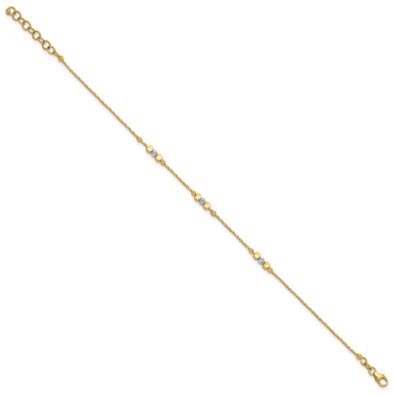Leslie's 14K Two-tone Pol/Texture/Dia-cut Beads w/1in ext. Bracelet