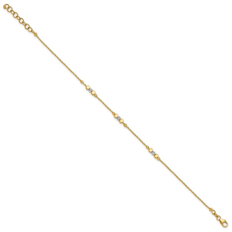 14K Two-tone Pol/Texture/Dia-cut Beads w/1in ext. Bracelet