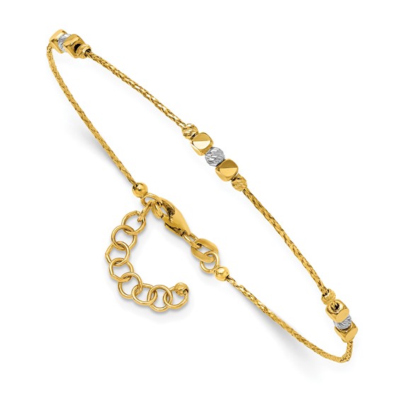 Leslie's 14K Two-tone Pol/Texture/Dia-cut Beads w/1in ext. Bracelet