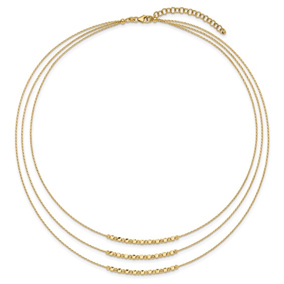 Leslie's 14K Pol/Texture/Dia-cut Beads 3-strand w/ 2in ext. Necklace