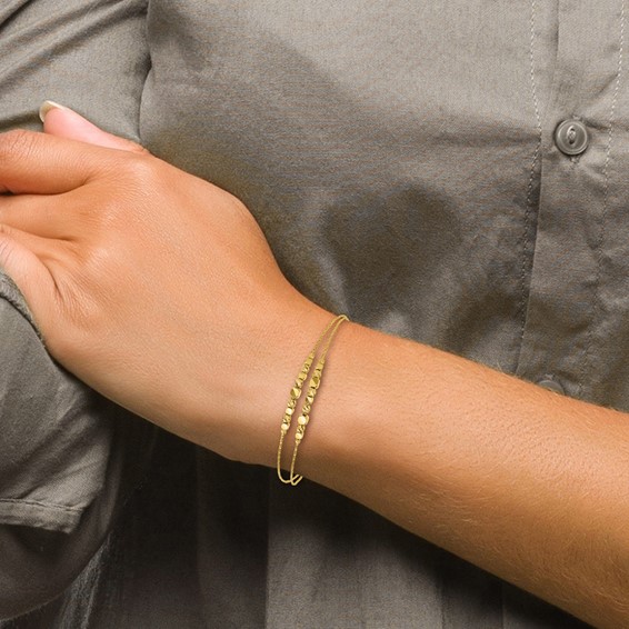 Leslie's 14K Pol/Texture/Dia-cut Beads 2-Strand w/ 1in ext. Bracelet