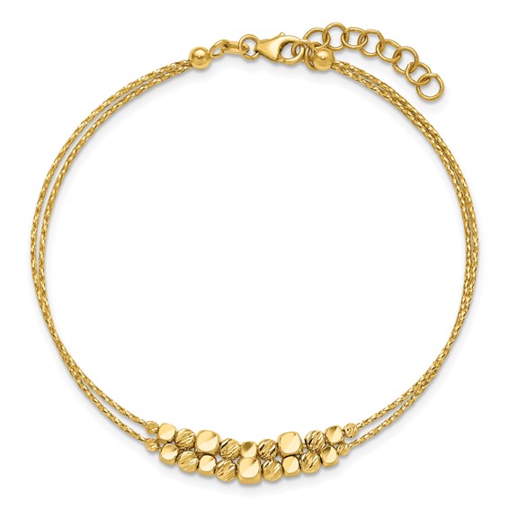 Leslie's 14K Pol/Texture/Dia-cut Beads 2-Strand w/ 1in ext. Bracelet