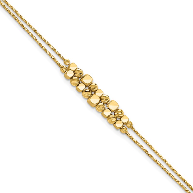 14K Pol/Texture/Dia-cut Beads 2-Strand w/ 1in ext. Bracelet
