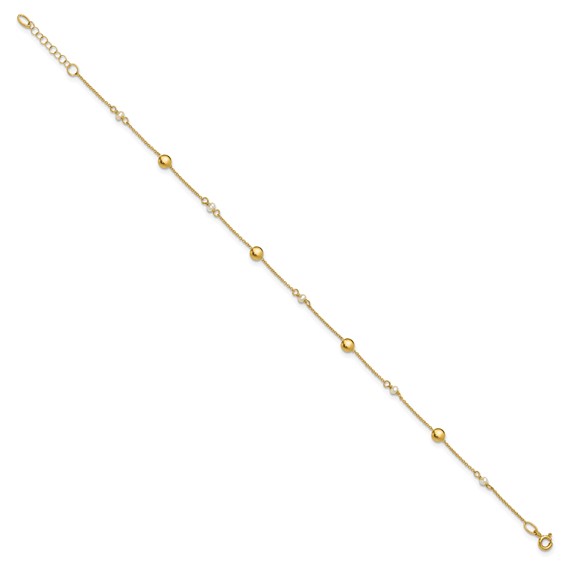 Leslie's 14K Freshwater Cultured Pearl / Round Beads 9 inch Plus 1 inch Extender - Total 10 inch Anklet