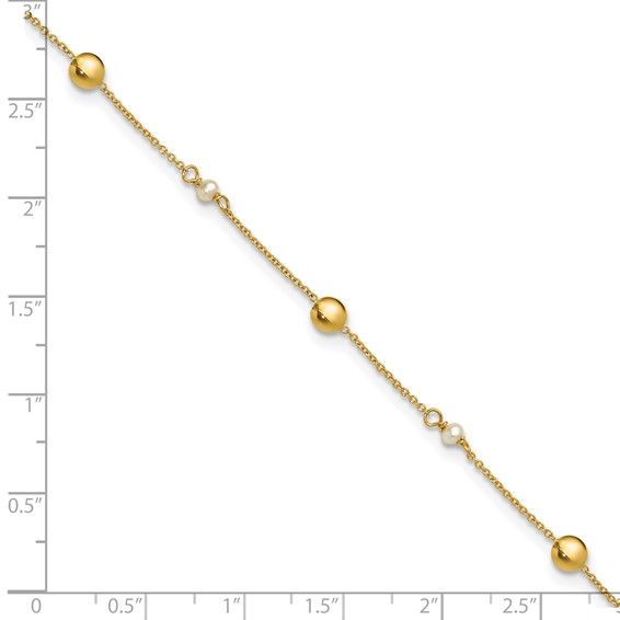 Leslie's 14K Freshwater Cultured Pearl / Round Beads 9 inch Plus 1 inch Extender - Total 10 inch Anklet