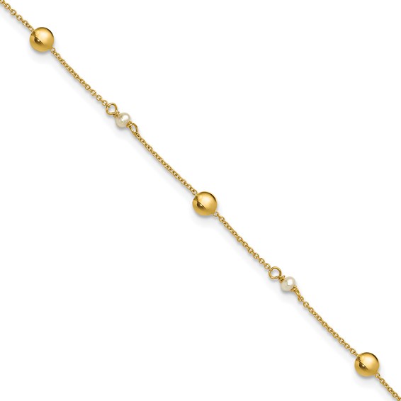Leslie's 14K Freshwater Cultured Pearl / Round Beads 9 inch Plus 1 inch Extender - Total 10 inch Anklet