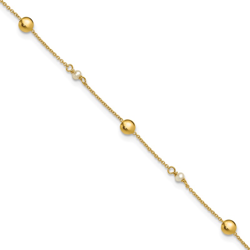 14K Polished FWC Pearl and Circles 9in Plus 1in ext. Anklet