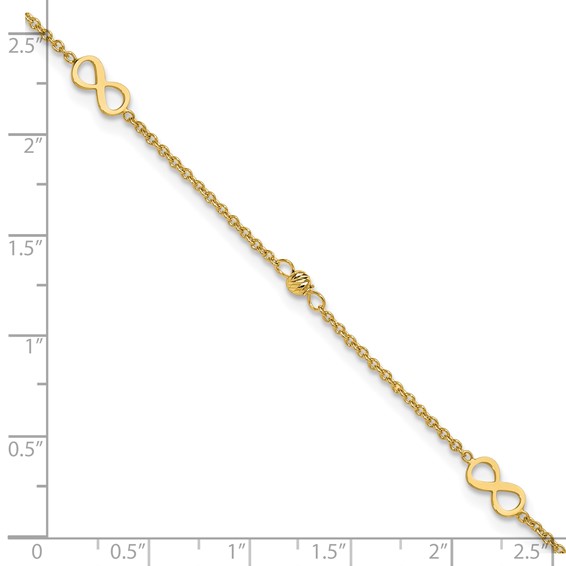Leslie's 14K Infinity and Diamond-cut Bead 9 inch Plus 1 inch Extender - Total 10 inch Anklet