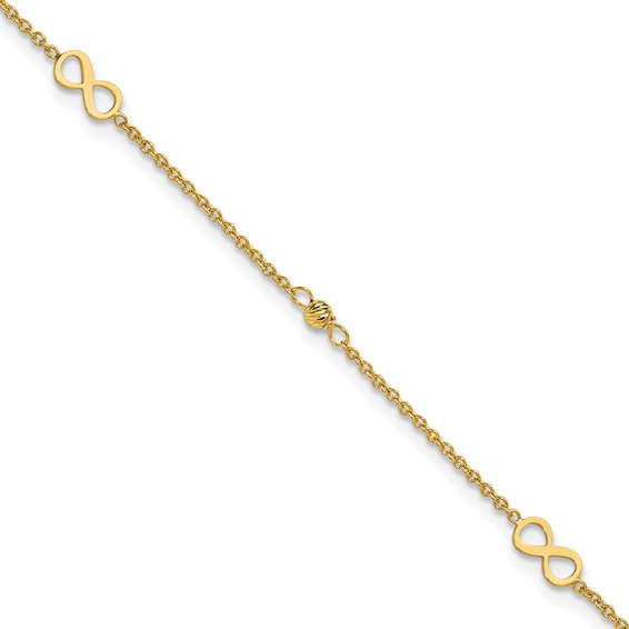 Leslie's 14K Infinity and Diamond-cut Bead 9 inch Plus 1 inch Extender - Total 10 inch Anklet