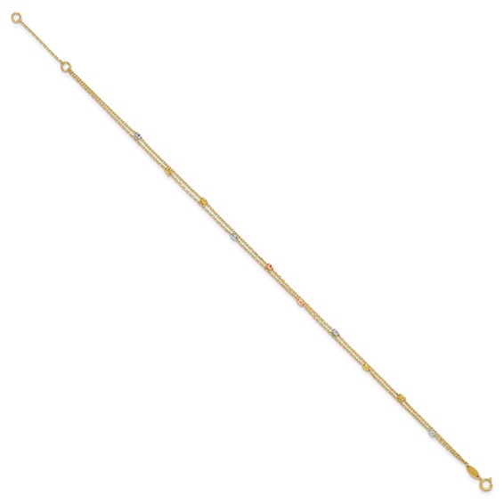 Leslie's 14K Tri-color Diamond-cut Beads 2-Strand 9 inch Plus 1 inch Extender - Total 10 inch Anklet