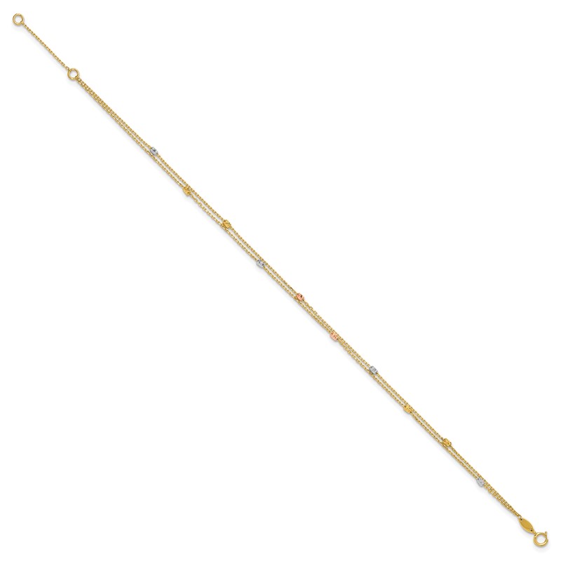 14K Tri-color Polish/Dia-cut 2-Strand 9in Plus 1in ext. Anklet