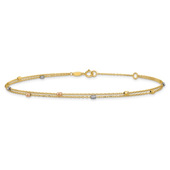 Leslie's 14K Tri-color Diamond-cut Beads 2-Strand 9 inch Plus 1 inch Extender - Total 10 inch Anklet