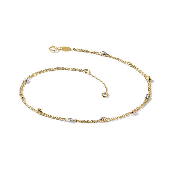 Leslie's 14K Tri-color Diamond-cut Beads 2-Strand 9 inch Plus 1 inch Extender - Total 10 inch Anklet