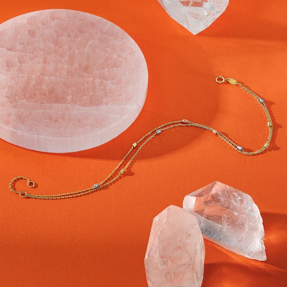 Leslie's 14K Tri-color Diamond-cut Beads 2-Strand 9 inch Plus 1 inch Extender - Total 10 inch Anklet