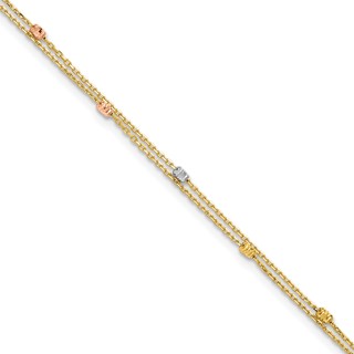 Leslie's 14K Tri-color Diamond-cut Beads 2-Strand 9 inch Plus 1 inch Extender - Total 10 inch Anklet