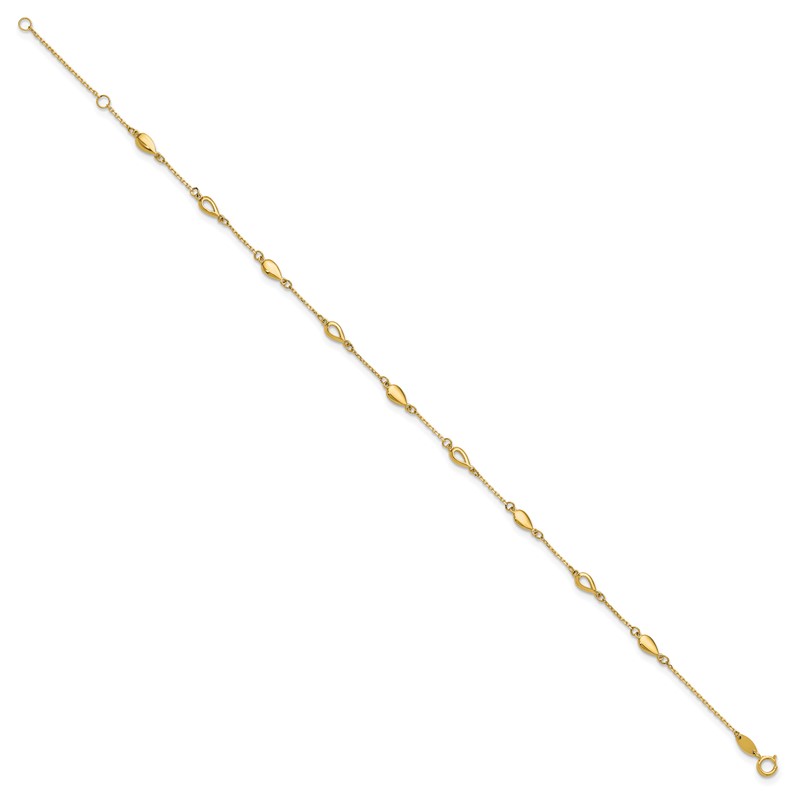 14K Polished Teardrop Station 9in Plus 1in ext. Anklet