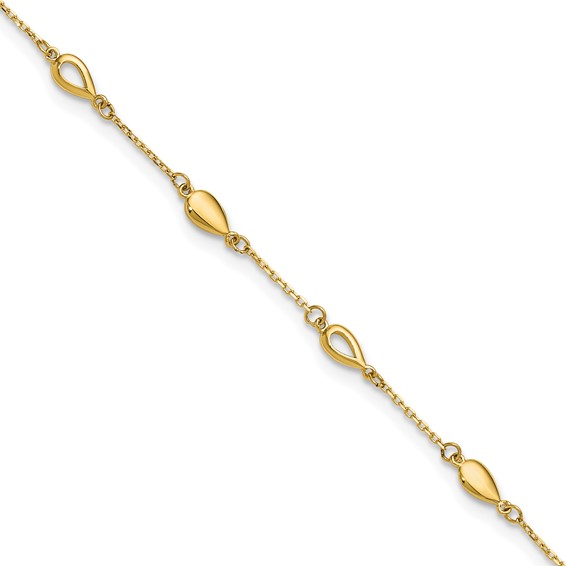 Leslie's 14K Polished Teardrop 9 inch Plus 1 inch Extender - Total 10 inch Anklet