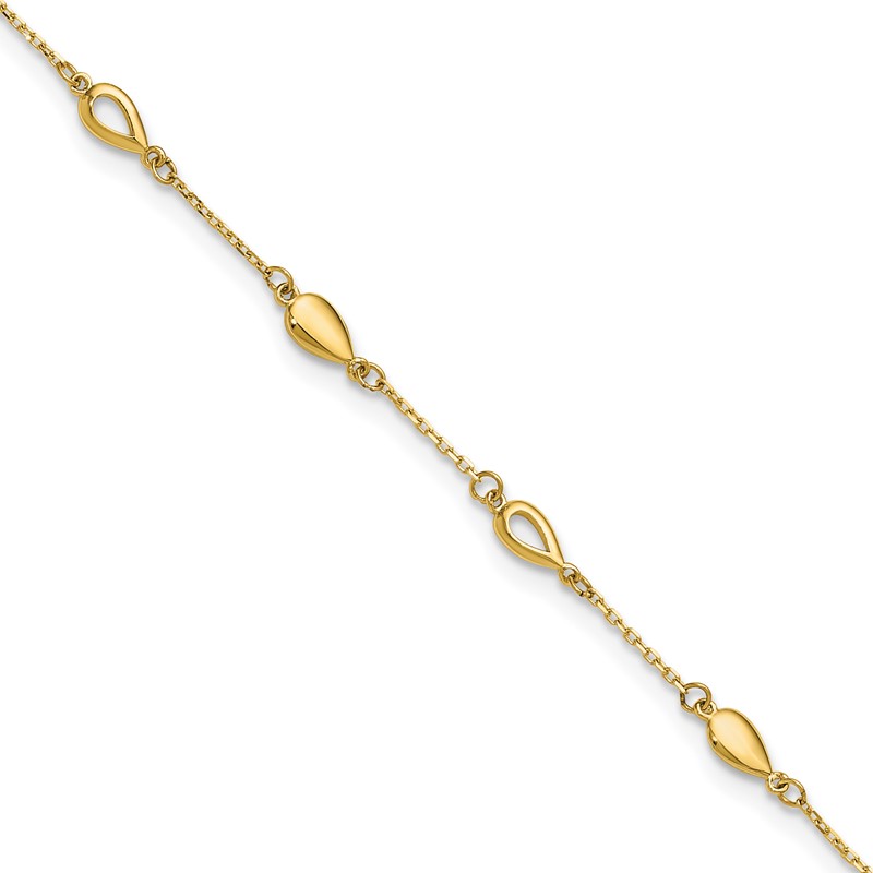 14K Polished Teardrop Station 9in Plus 1in ext. Anklet