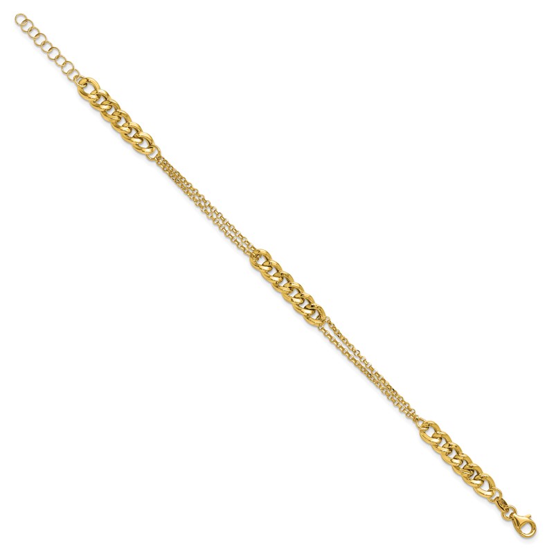 14K Polished/Dia-cut 2-Strand Fancy Link w/1in ext. Bracelet
