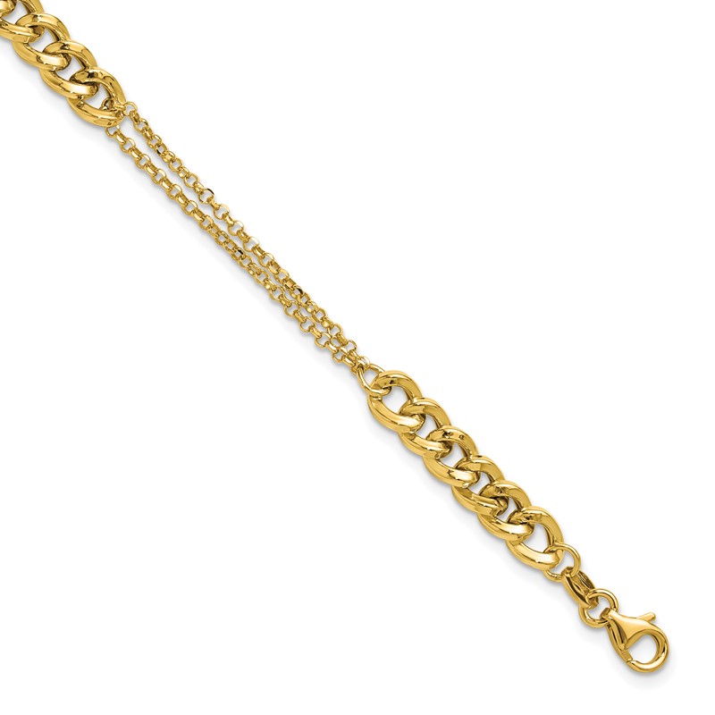 14K Polished/Dia-cut 2-Strand Fancy Link w/1in ext. Bracelet