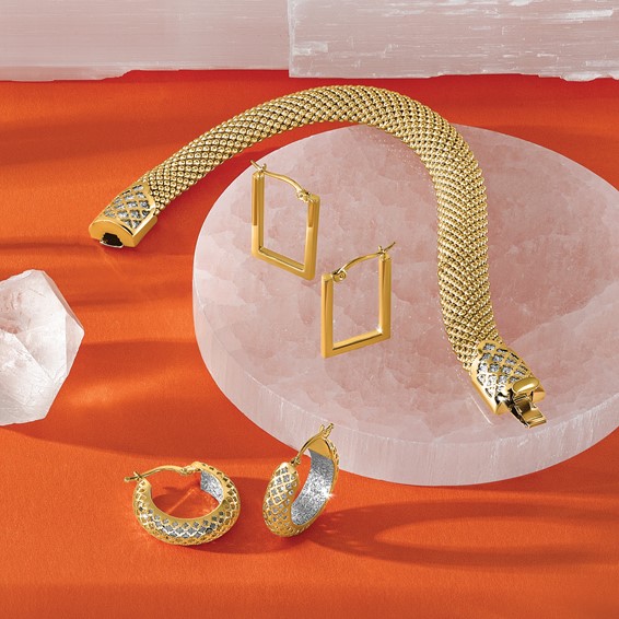 Leslie's 14K Two-tone Polished and Dia-cut Popcorn Mesh Bracelet