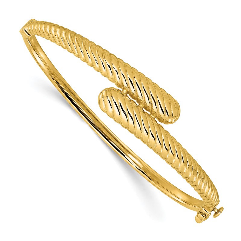 14K Polished and Grooved Bypass Hinged Bangle