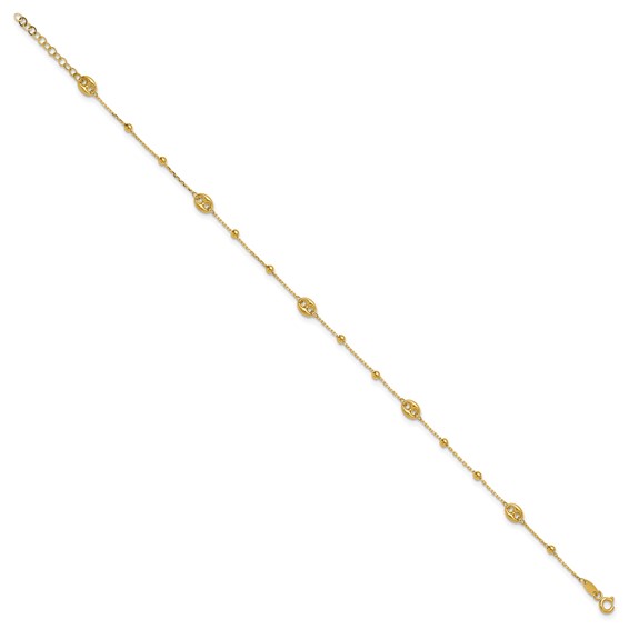 Leslie's 14K Puffed Mariner Beaded 9 inch Plus 1 inch Extender - Total 10 inch Anklet