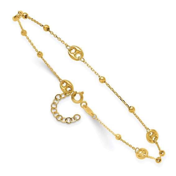 Leslie's 14K Puffed Mariner Beaded 9 inch Plus 1 inch Extender - Total 10 inch Anklet
