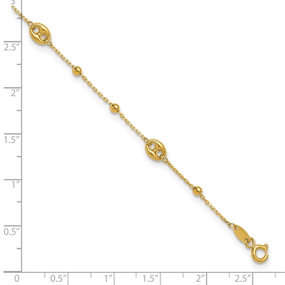 Leslie's 14K Puffed Mariner Beaded 9 inch Plus 1 inch Extender - Total 10 inch Anklet