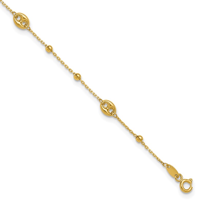14K Polished Beads Station 9in Plus 1in ext. Anklet