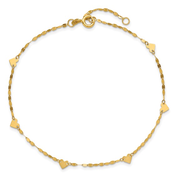 Leslie's 14K Heart  6-Station 9 inch Plus 1 inch Extender - Total 10 inch Anklet