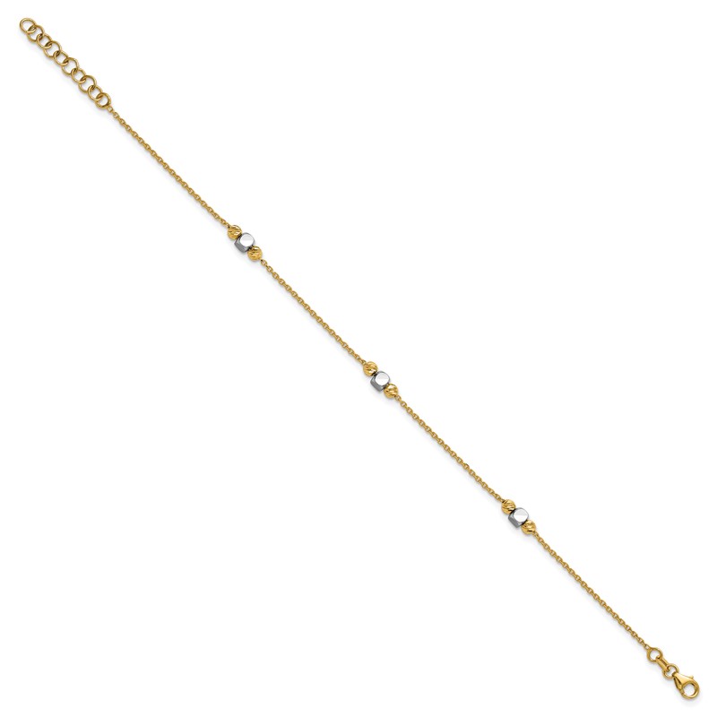 14K Two-tone Polished / Dia-cut Beads w/1in ext. Bracelet