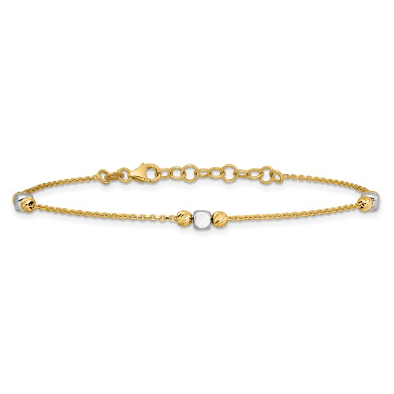 Leslie's 14K Two-tone Polished / Dia-cut Beads w/1in ext. Bracelet