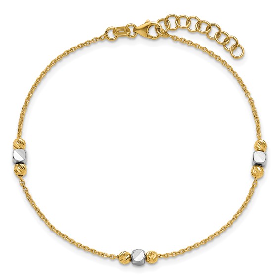Leslie's 14K Two-tone Polished / Dia-cut Beads w/1in ext. Bracelet