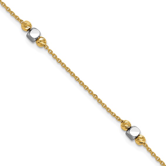 Leslie's 14K Two-tone Polished / Dia-cut Beads w/1in ext. Bracelet