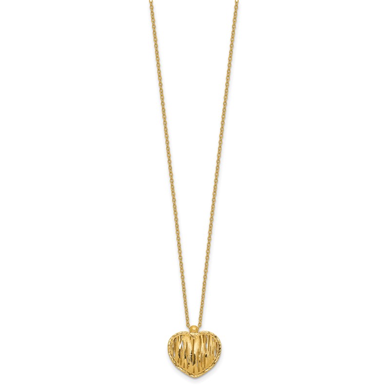 14K Polished / Dia-cut Puffed Heart w/2in ext. Necklace