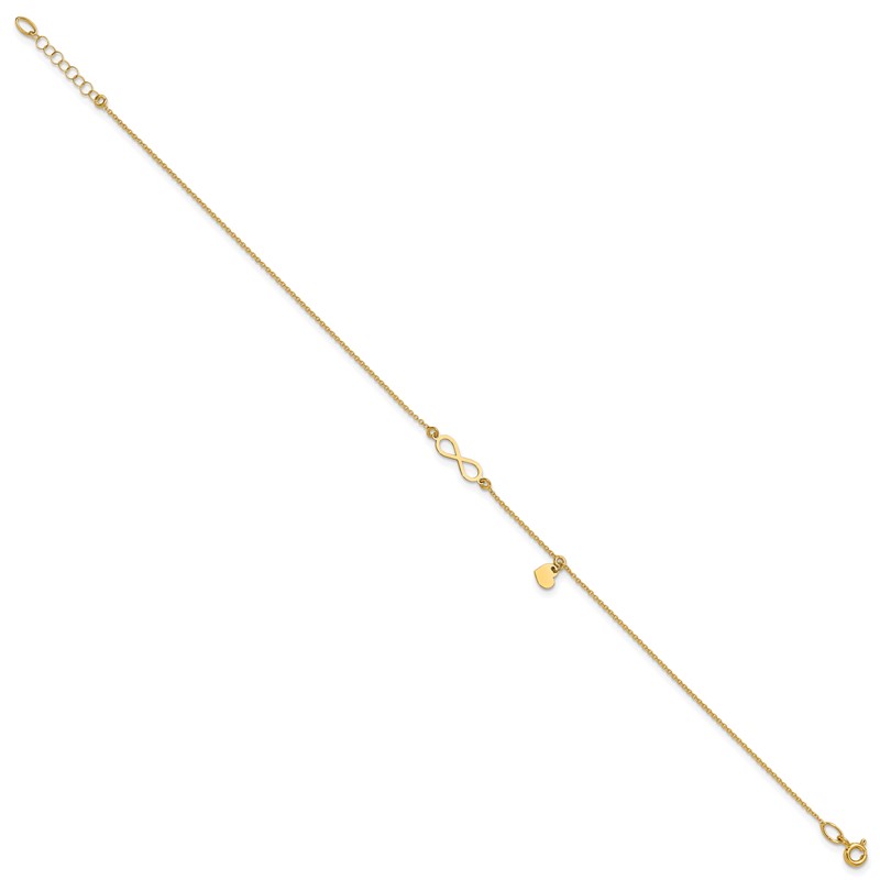 14K Polished Infinity/Dangle Heart 9in Plus 1in ext. Anklet