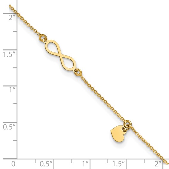 Leslie's 14K Infinity and Dangle Heart 9 inch Plus 1 inch Extender - Total 10 inch Anklet