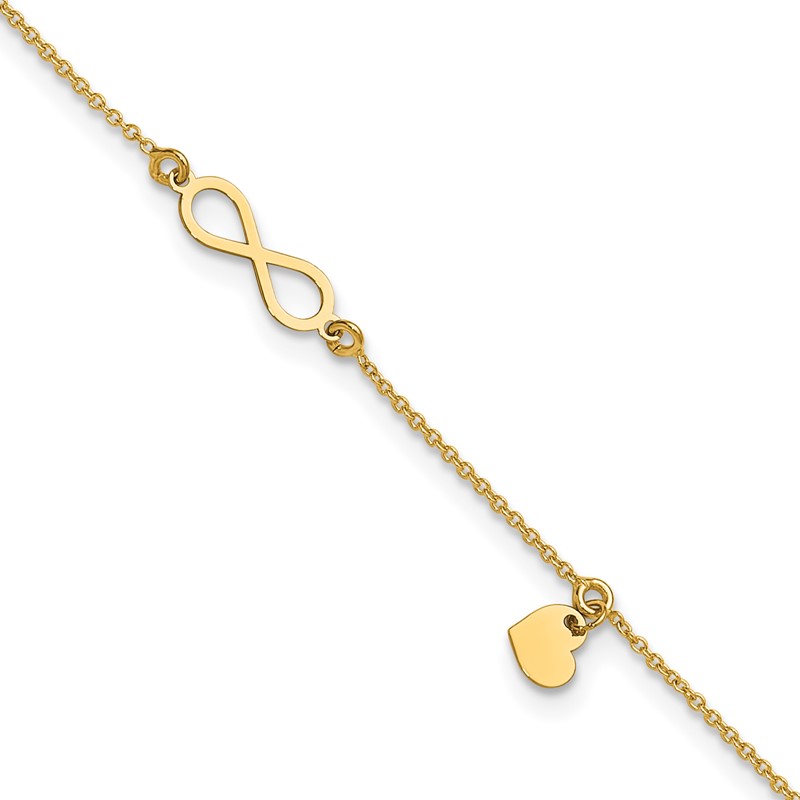 14K Polished Infinity/Dangle Heart 9in Plus 1in ext. Anklet