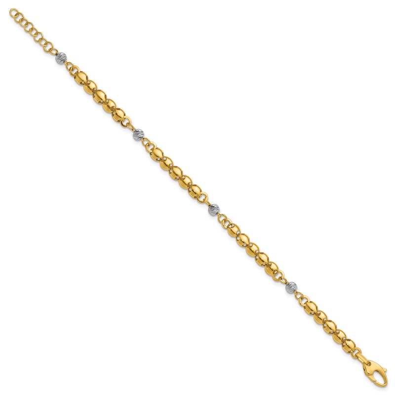 14K w/Rhodium Polished D/C Beaded Oval Link w/1in ext. Bracelet