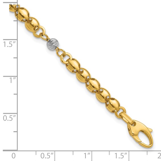 Leslie's 14K w/Rhodium Polished D/C Beaded Oval Link w/1in ext. Bracelet