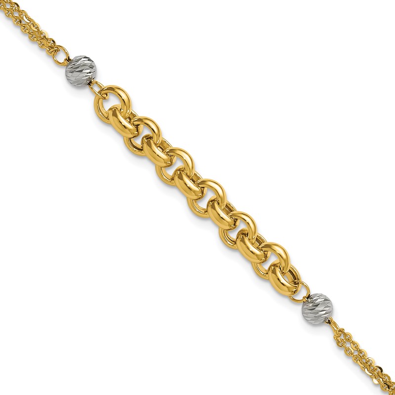 14K w/White Rhodium Polished D/C 2-Strand Rolo Link Bracelet