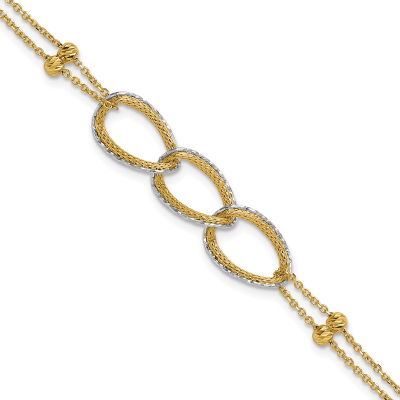 14KTT Pol/Texture/Dia-cut 2-Strand Oval w/.5in Ext. Bracelet