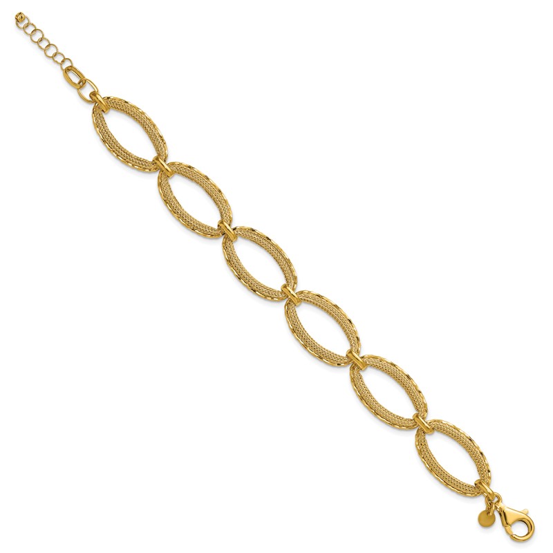 14K Polished/Texture/Dia-cut Ovals w/1in Ext. Bracelet