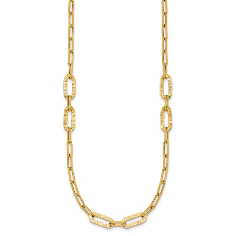 14K Polished Textured Greek Key Paperclip Link Necklace