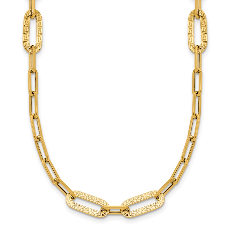 14K Polished Textured Greek Key Paperclip Link Necklace