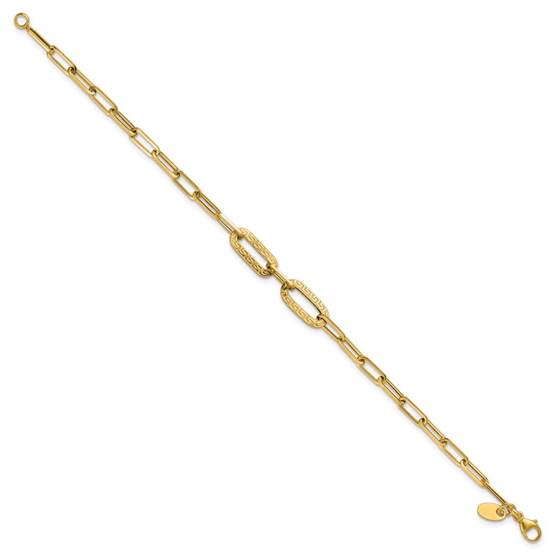 14K Polished Textured Greek Key Paperclip Link Bracelet