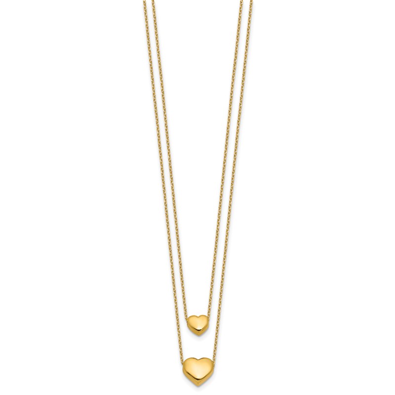 14K Polished Two-Strand Hearts with 1 Inch Ext. Necklace